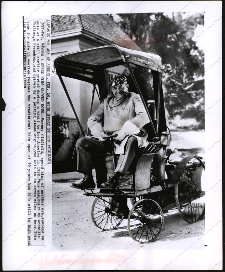 Barney Olfield poses in the Achille Fillion Steam car, February 1963 Front